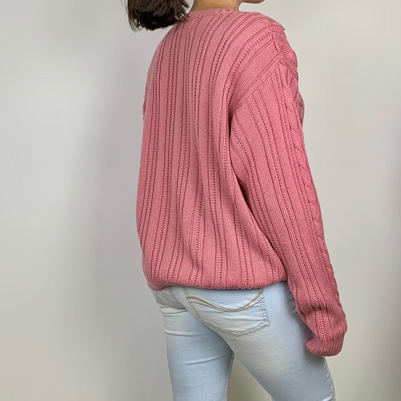Vintage Blush Pink Cable Knit Padded Shoulder Crew Neck Sweater Baxter Wells - Picture 3 of 10